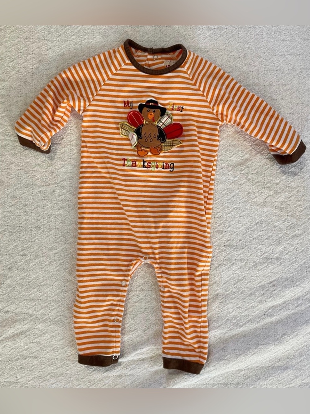 Toffee Apple My First Thanksgiving Orange and White Romper with Turkey Appliqué
